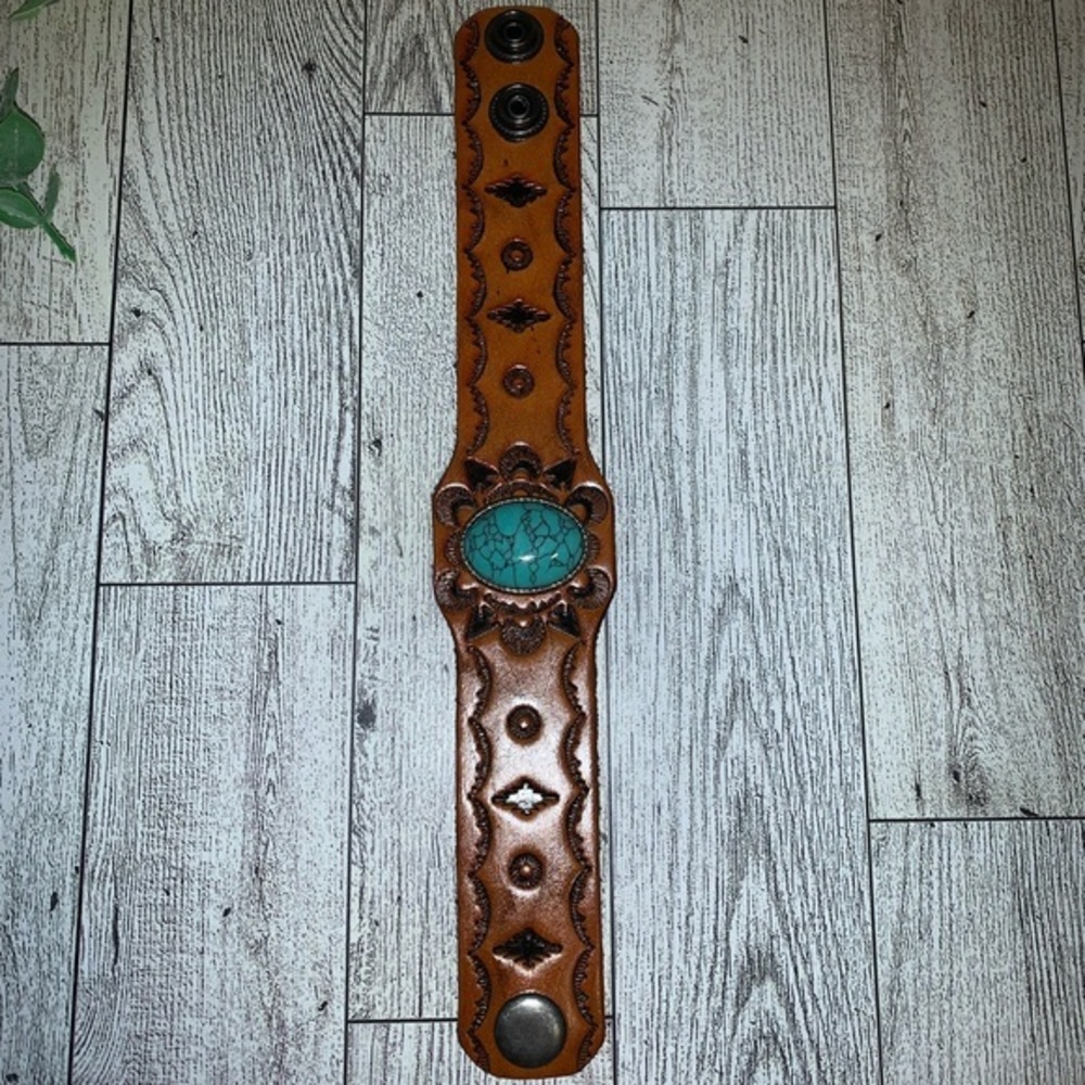 Emery Rose NWOT Brown PU Leather Brown Turquoise Stone Wrap Bracelet - Picture 7 of 11